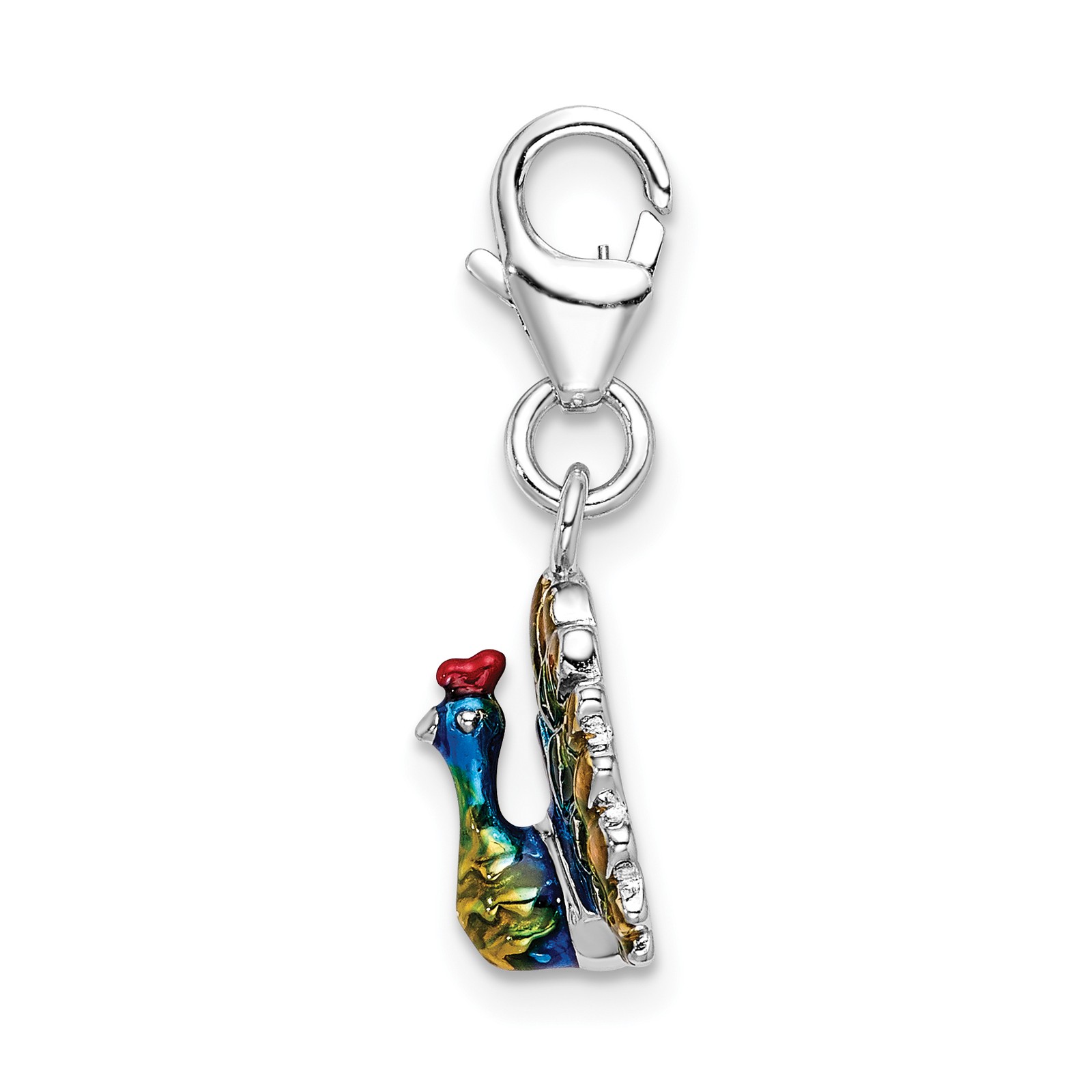 Amore La Vita Silver Polished 3-D Enameled Peacock Charm with Fancy Lobster Cla