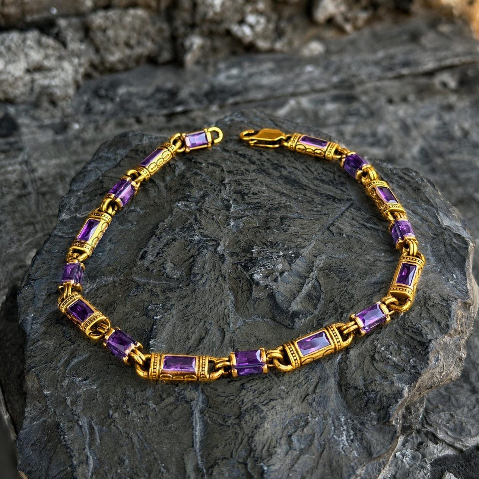 Gold Amethyst Hand-Engraved Link Gemstone Byzantine Chain Bracelet