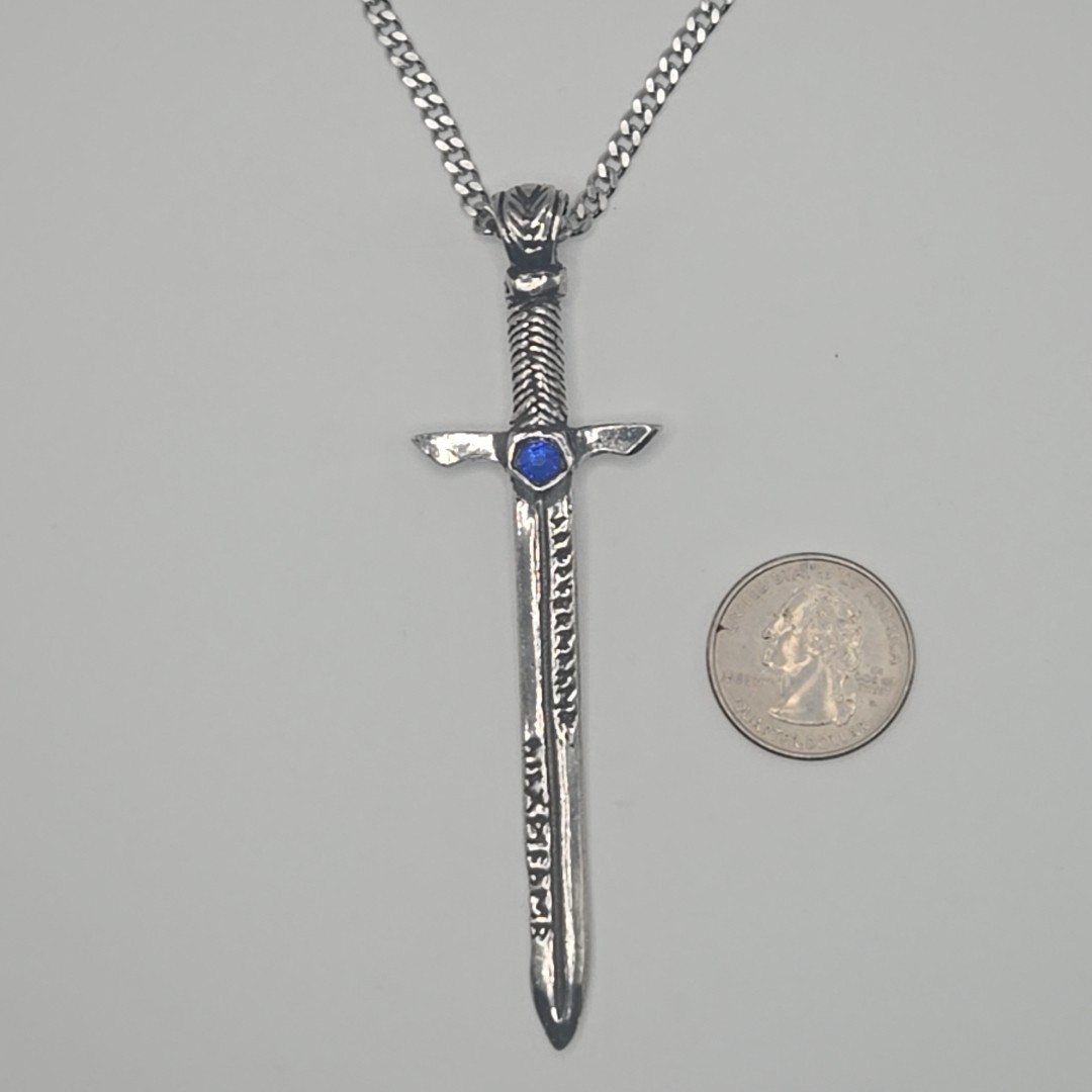 SWORD / BLUE STONE Pewter Pendant Charm /18″-24″ STAINLESS CURB CHAIN NECKLACE