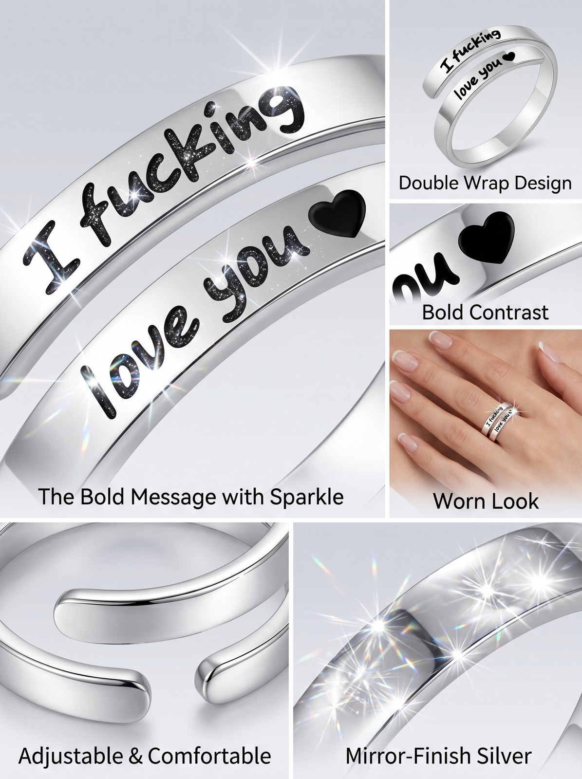 Funny Couple Love Ring, Silver Tone “I F*cking Love You” Statement Band