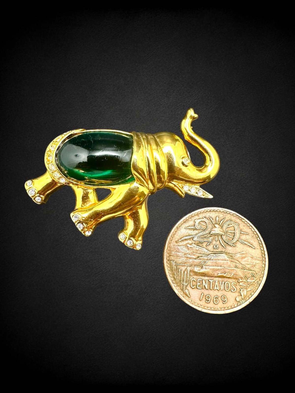 Vintage Marcel Boucher Green Jelly Belly Elephant Brooch Goldtone Rhinestone Pin