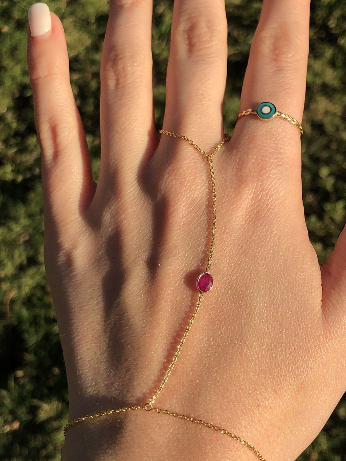 Stunning Oval Natural Ruby 14K Yellow Gold Hand Chain Slave Combo Ring Bracelet