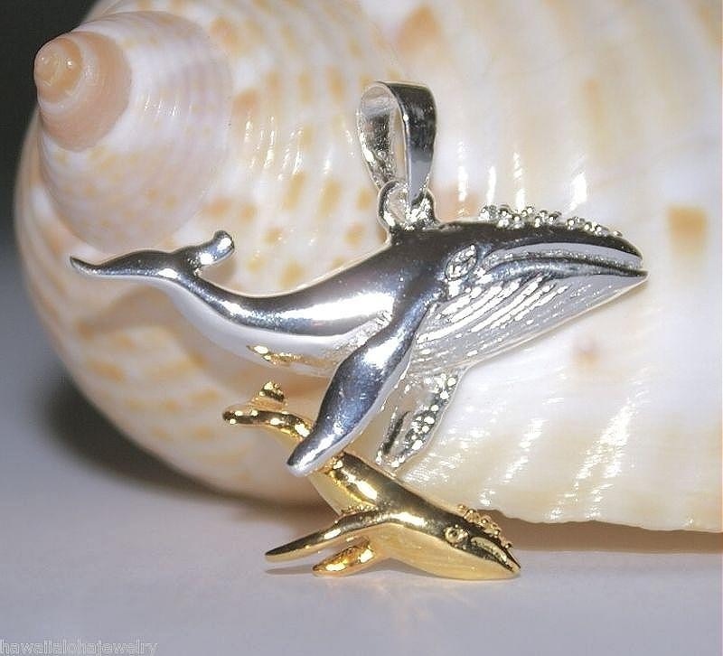 33MM 2-TONE 14K YELLOW GP 925 SILVER HAWAIIAN MOTHER BABY HUMPBACK WHALE PENDANT