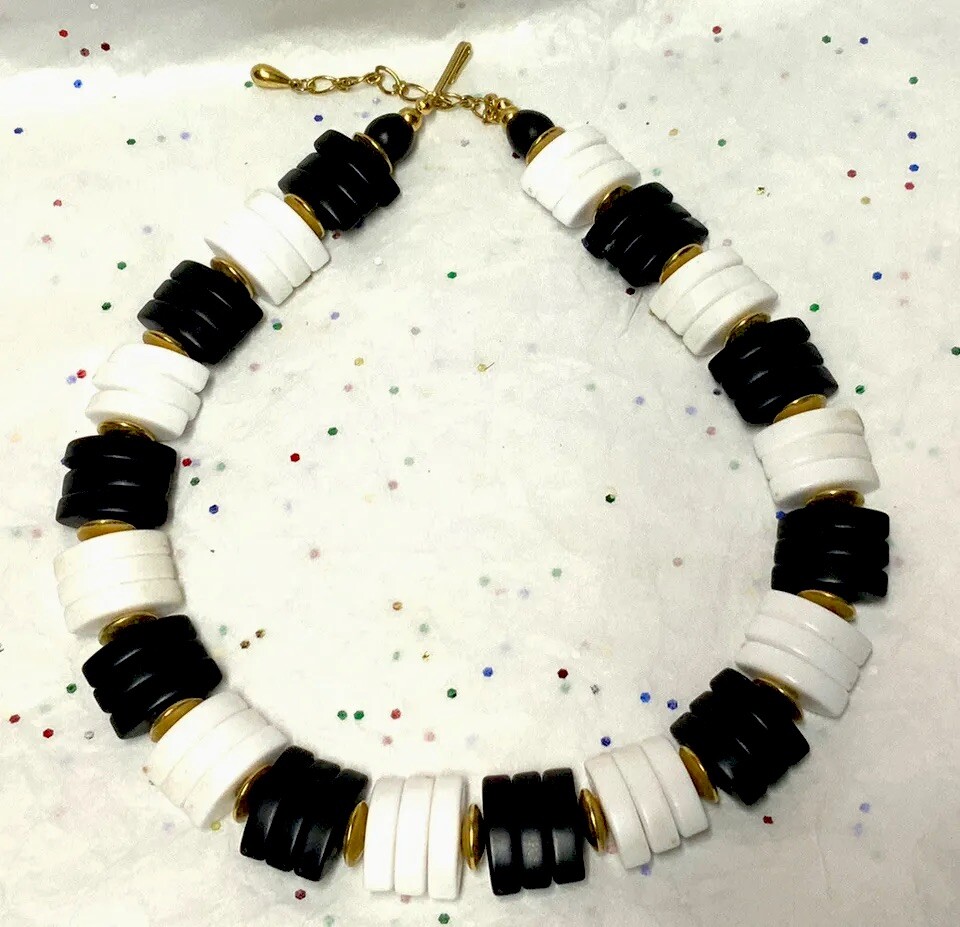Vintage To Mod Black-White Plastic/Acrylic/Lucite/Crystal Bead Necklace {13~Lot}