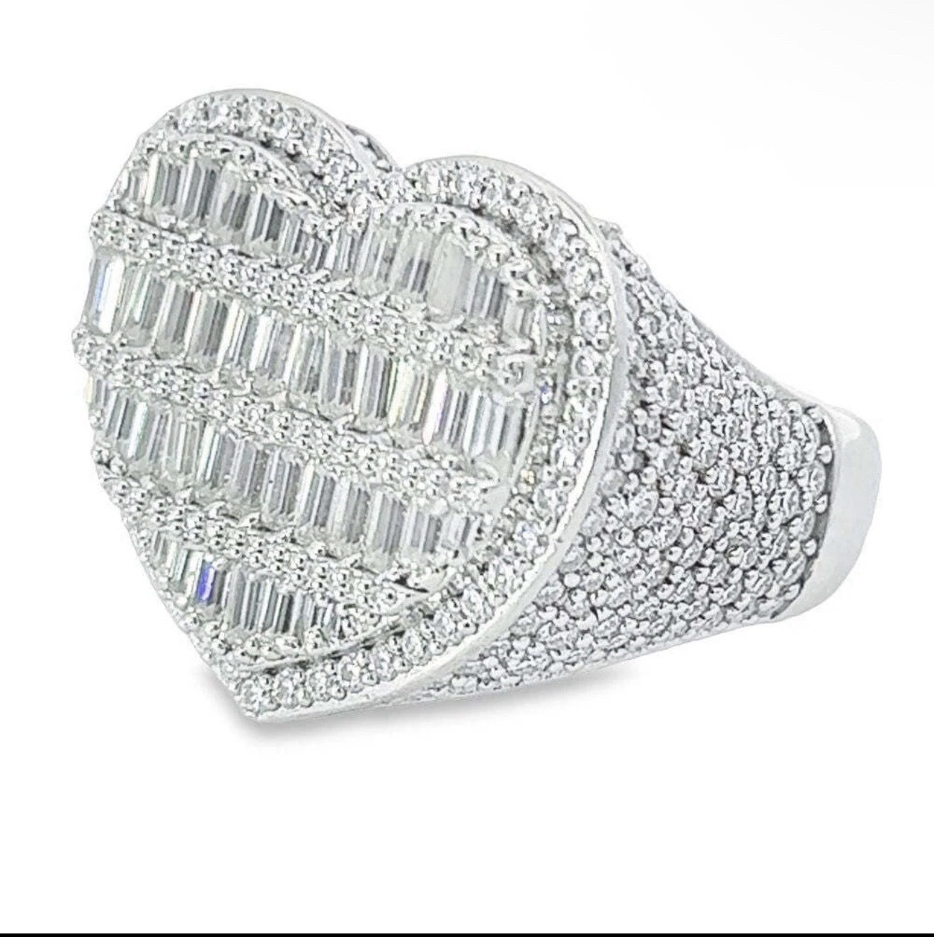 Silver Tone Heart Cluster Band Ring Size 9 w/ Baguette & Round Clear Stones