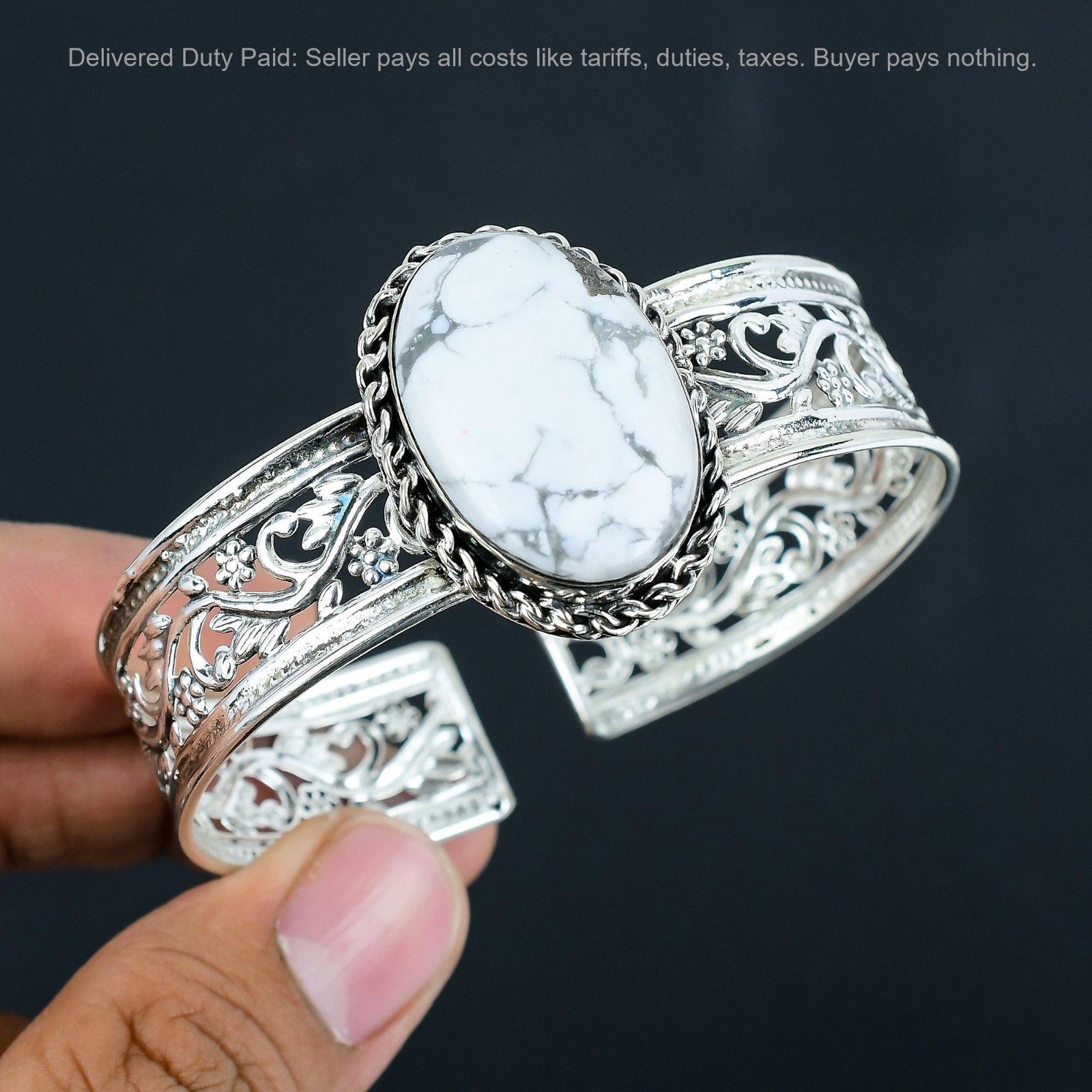 Halloween Deal Oval Natural Howlite 925 Sterling Silver Handcrafted Wife Bangle