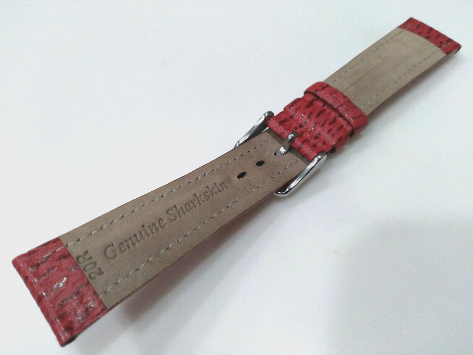 Red Genuine Shark Sharkskin 20mm Regular Padded Watch Band Silver Tone Buckle