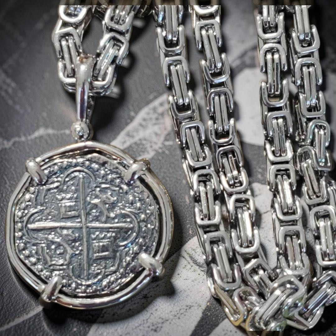 Large Atocha Silver Coin Pendant w Chain Oxidized Shipwreck Certificate