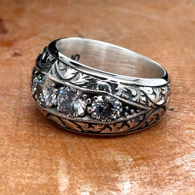 Men 925 Band Ring Silver Moissanite Ottoman Handmade Turkish Wedding Ring