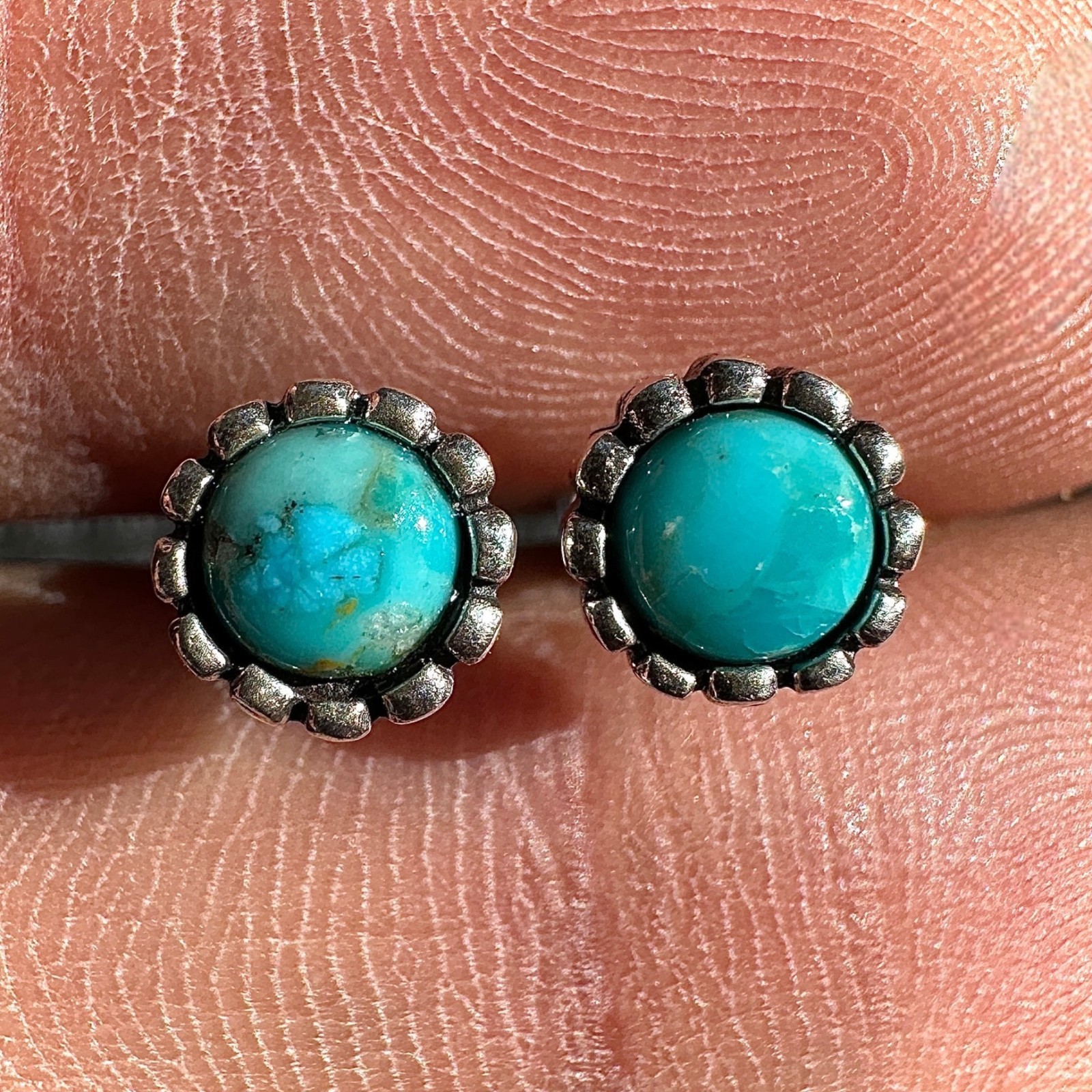 Turquoise Stud Earrings 7mm Sterling Silver Genuine Oxidized Stud Earrings