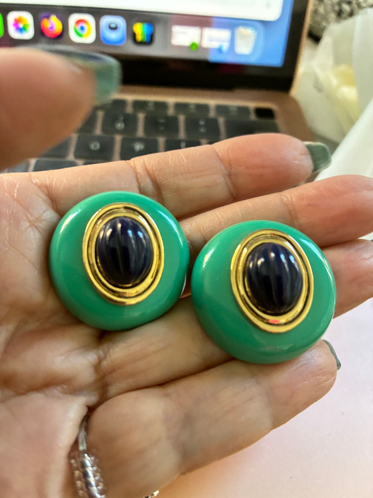 GIANT 1960’S SIMULATED TURQUOISE, SIMULATED LAPIS ROUND POST EARRINGS