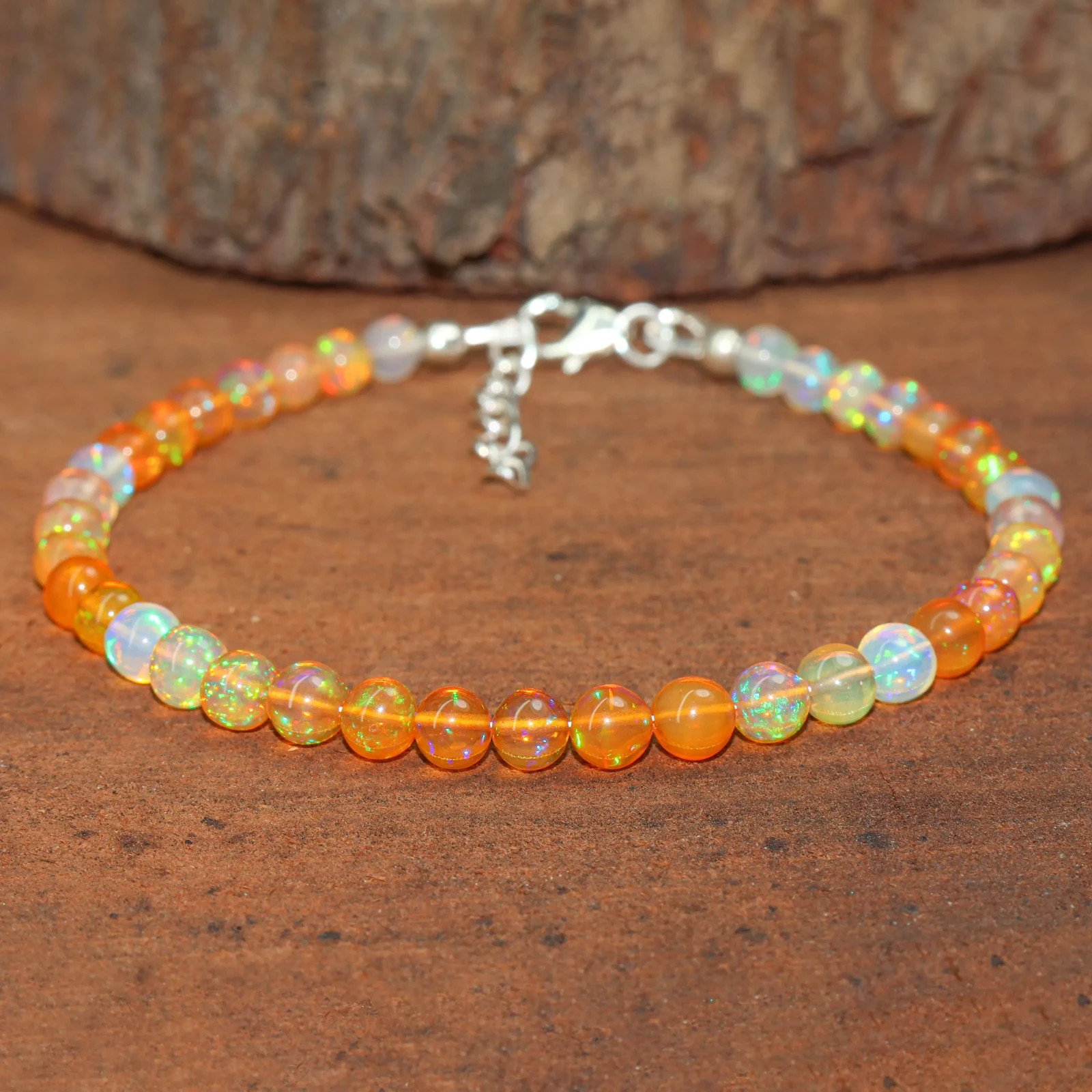Orange Opal Gemstone Round Beads Bracelet, Genuine Fire Opal Beaded Bracelet