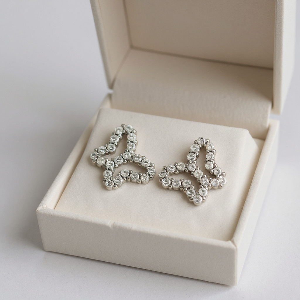 14K White Gold Butterfly Push Back Earrings with Round CZ Stones Dainty Studs