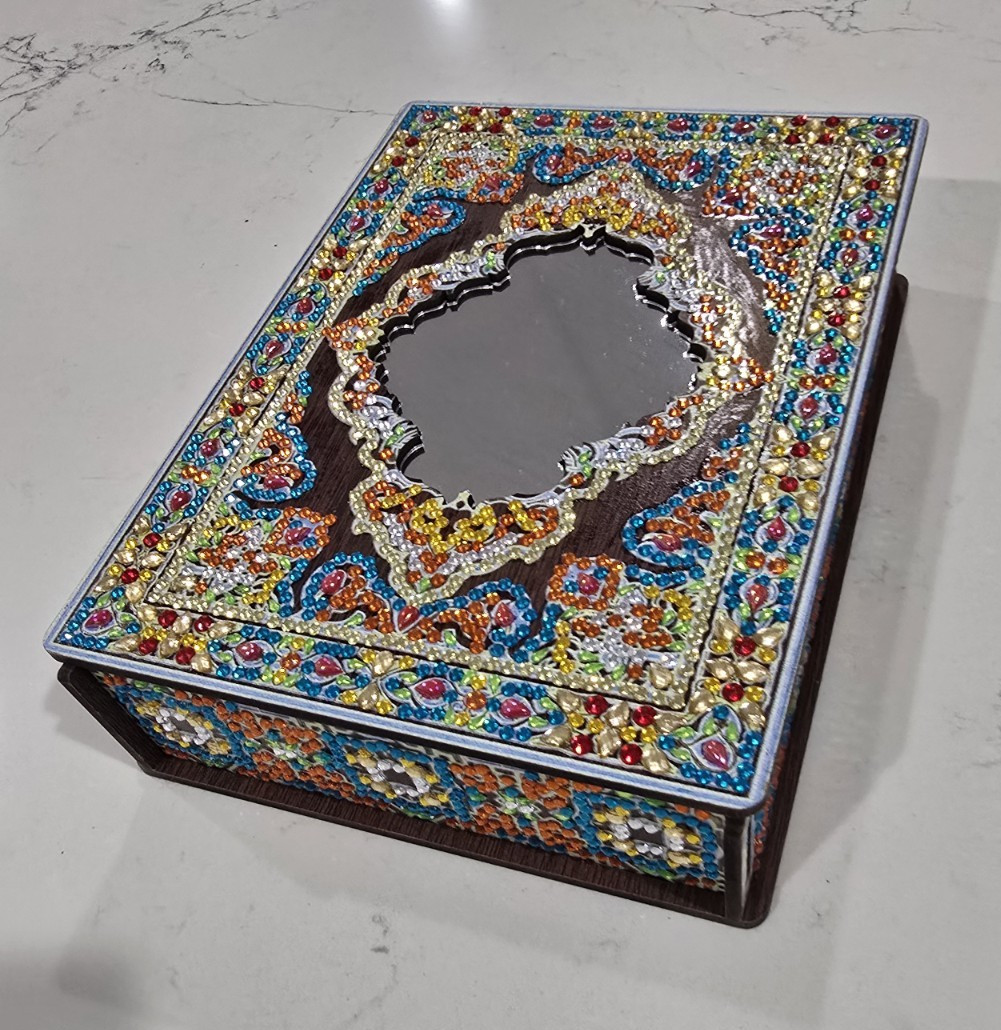 Handmade Multicolor Mosaic Wooden Rectangle Jewelry Gift Box w/ Lid, Lined