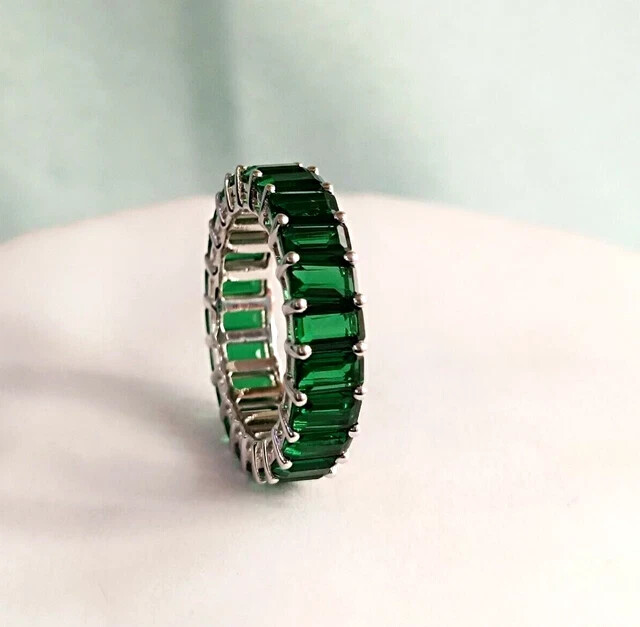 Lab Created Green Emerald Full Eternity Wedding Band Ring 14K White Gold Plated