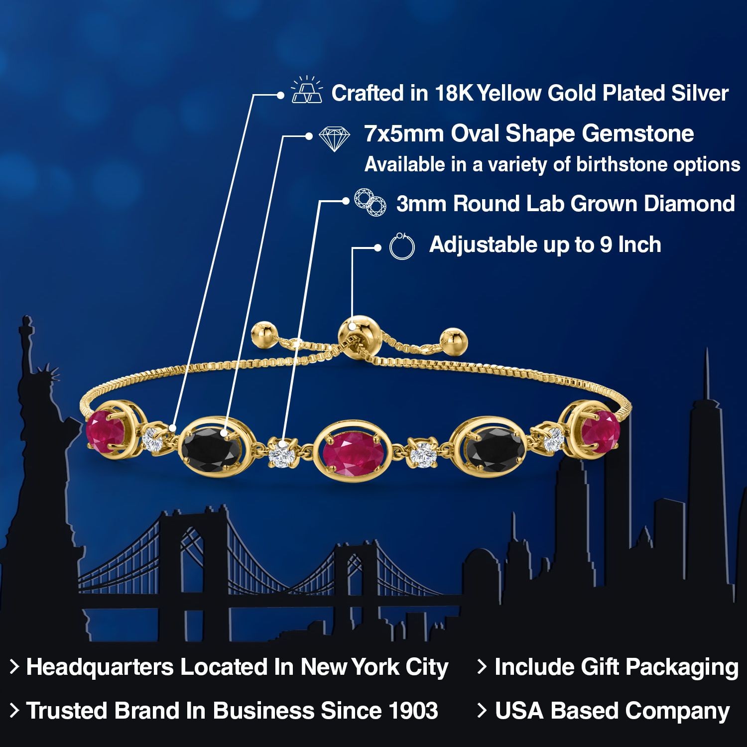 18K Yellow Gold Plated Silver Ruby and Black Sapphire and Lab Grown Diamond