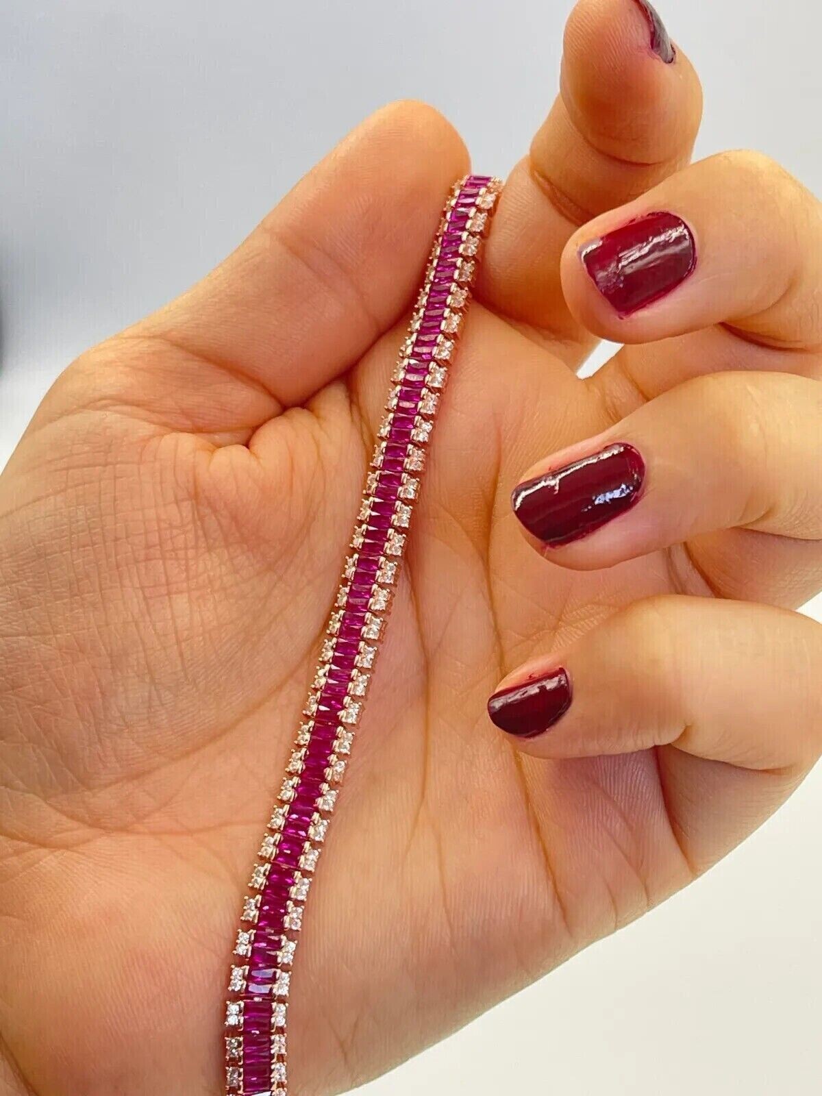 9Ct Baguette Cut Lab Created Ruby Diamond Tennis Bracelet 14K Yellow Gold Finish