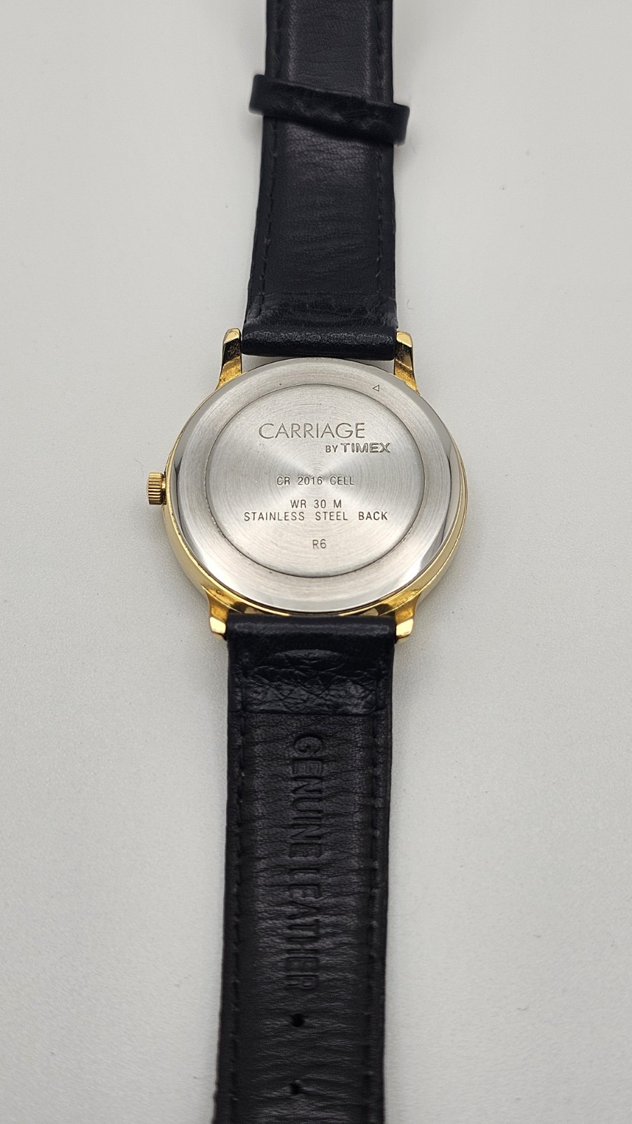 Carriage Day Date Gold Tone Case 35 MM Indiglo White Dial Black Leather Watch