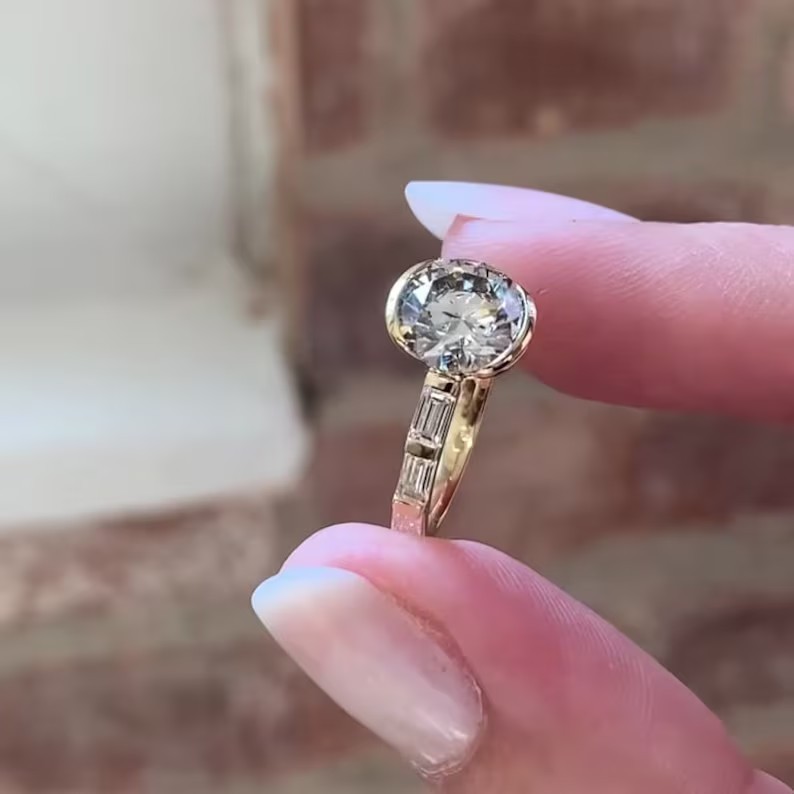 2 CT Round-Cut Real Moissanite Half Bezel Engagement Ring 14K Yellow Gold Plated