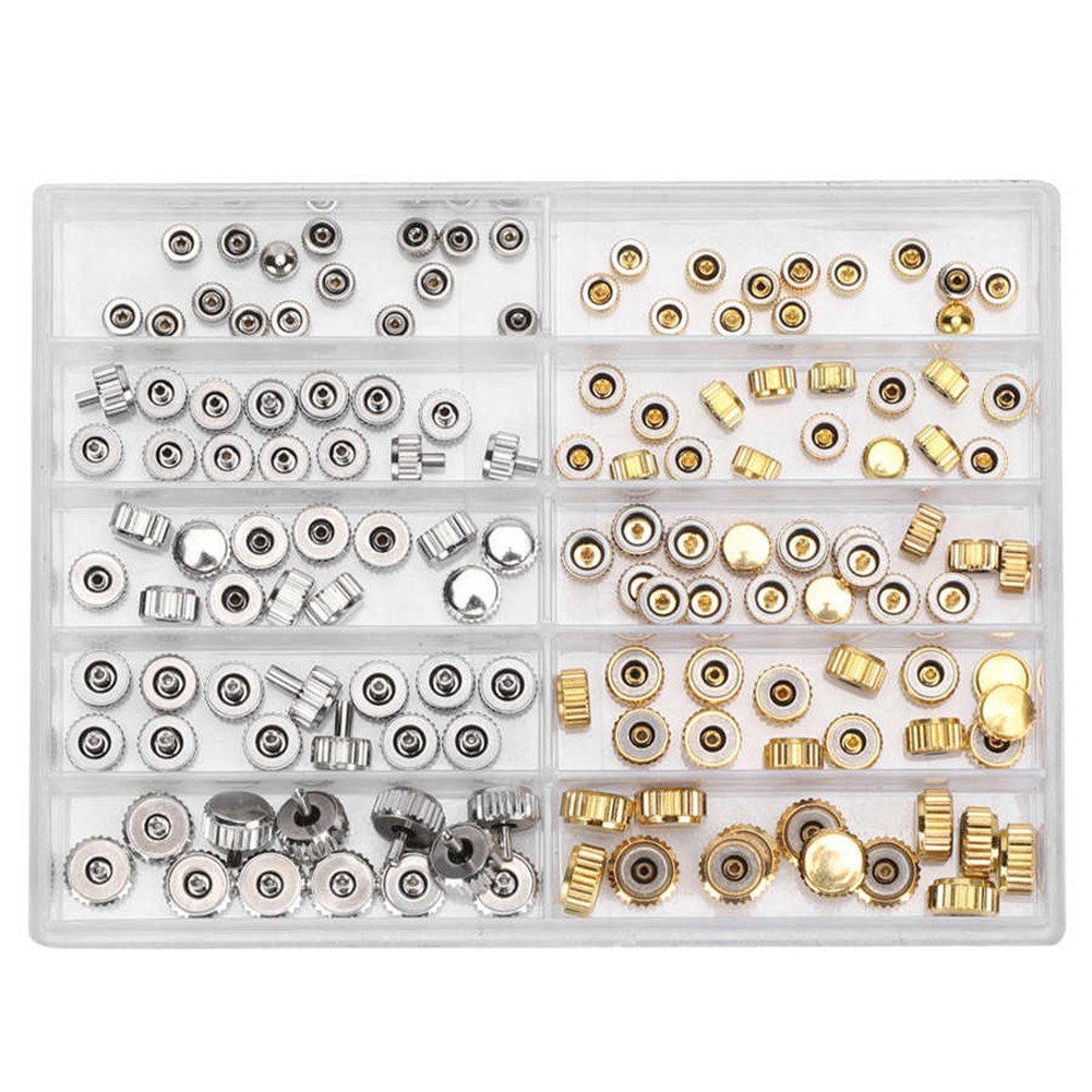 100Pack 3.0‑7.5mm 10-Size Watch Crown Head Assortment Watchmaker Repair Box Kit