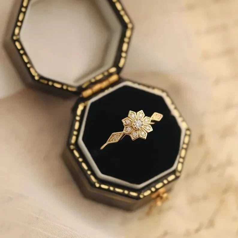 Art Deco Style Round Lab Created Diamond Wedding 14K Yellow Gold FN Floral Ring