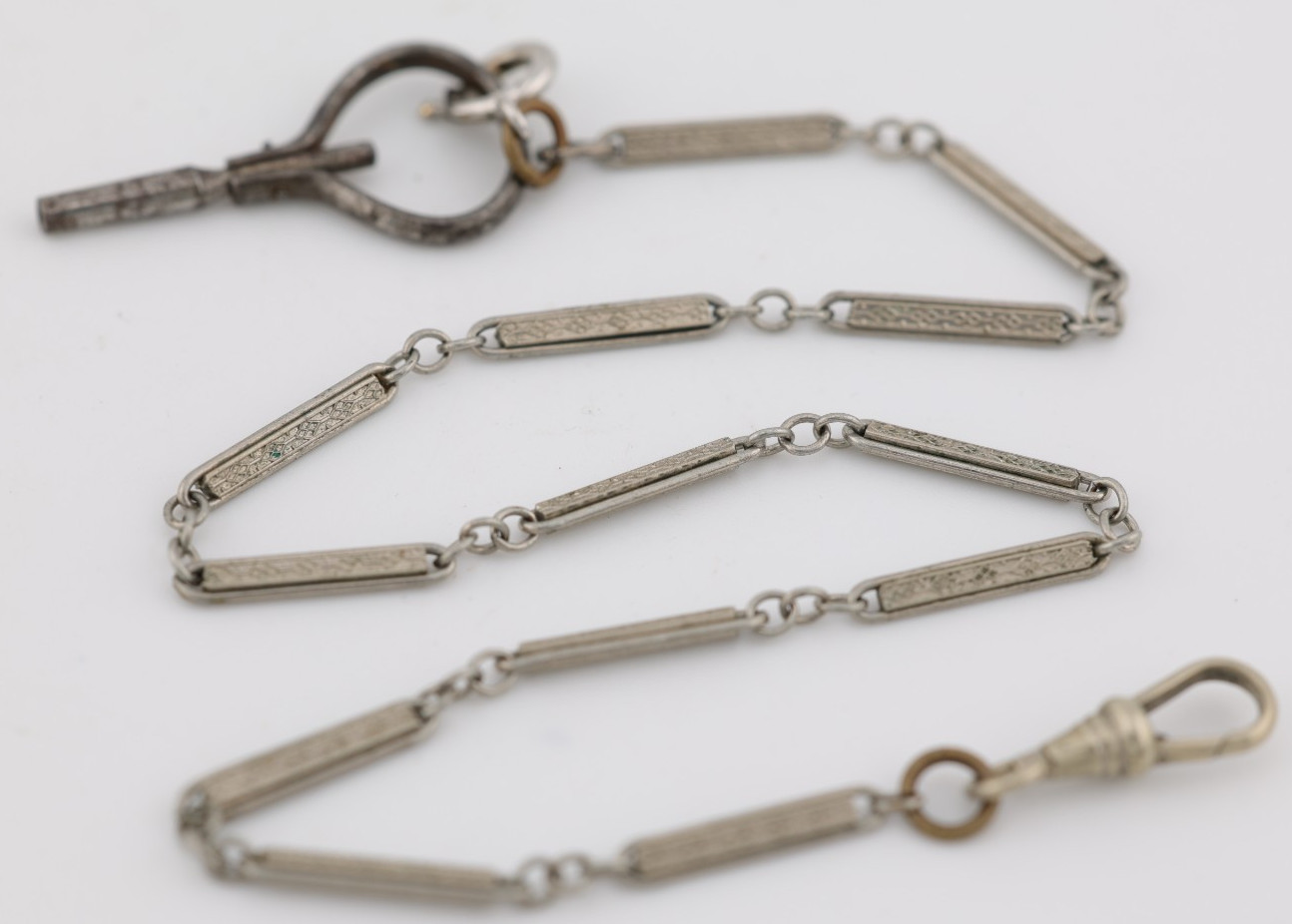 WHITE GOLD FILLED PANEL LINK POCKET WATCH CHAIN 34cm, 3mm WIDE (A17)