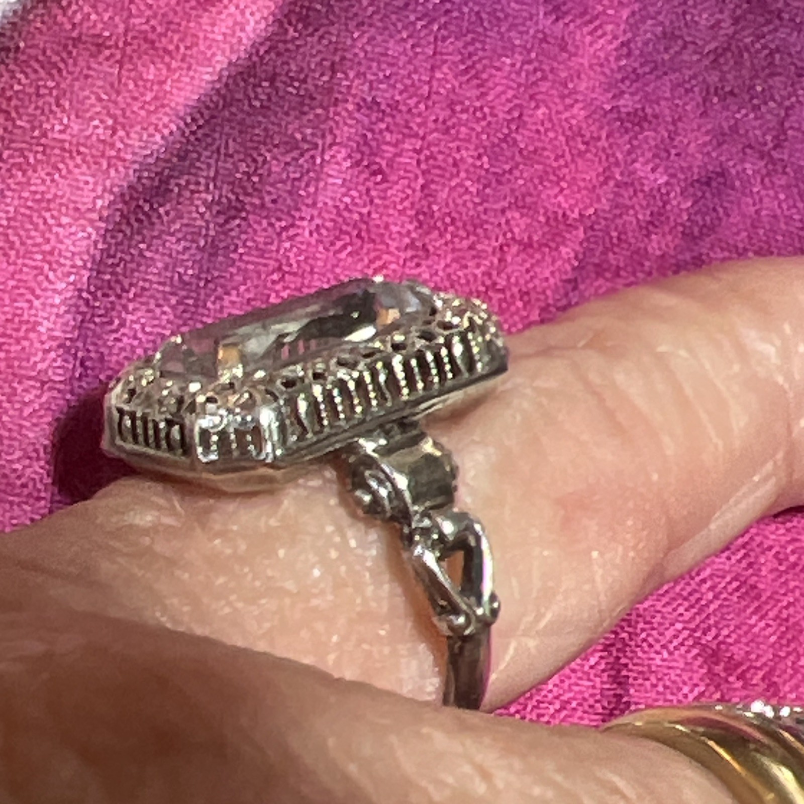 Antique Sterling Ring Clear Rectangle Stone Prong Set Size 5