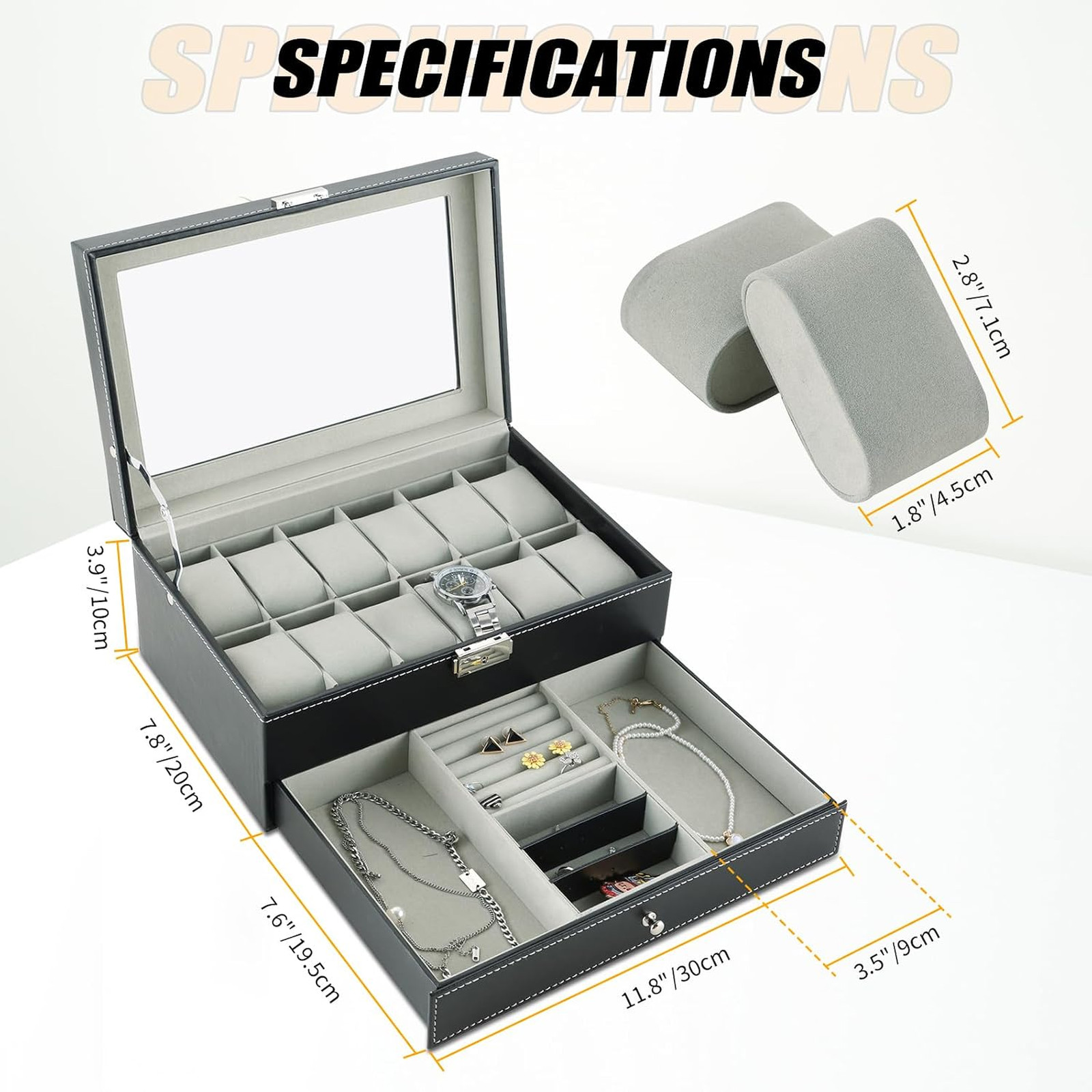 12 Slots Watch Case with Lockable Leather Jewelry Organizer for Women Men, Glass