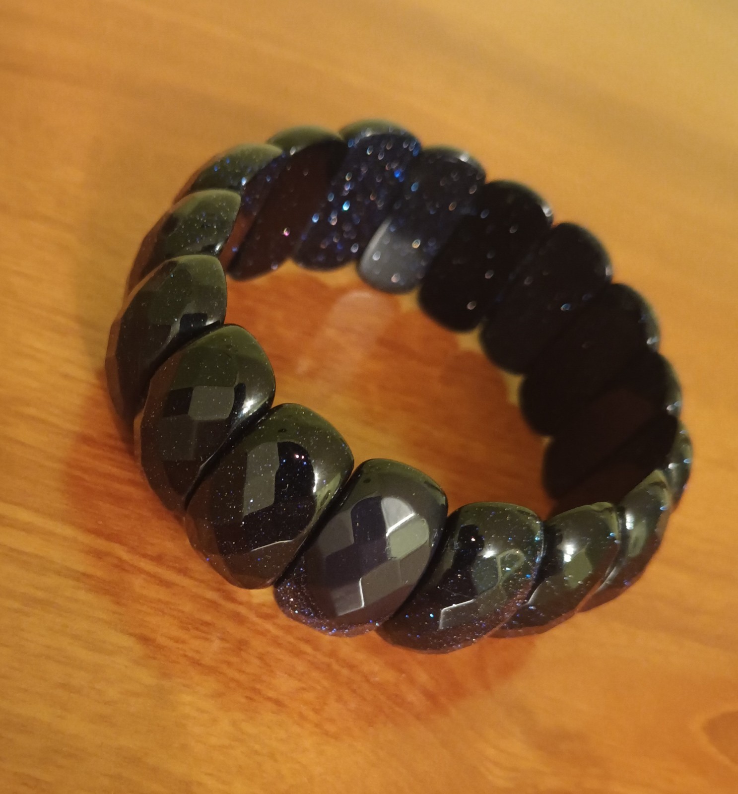 Black Goldstone Stretch Bracelet Sparkle Gemstone Wide Bar Bead Faceted Bangle