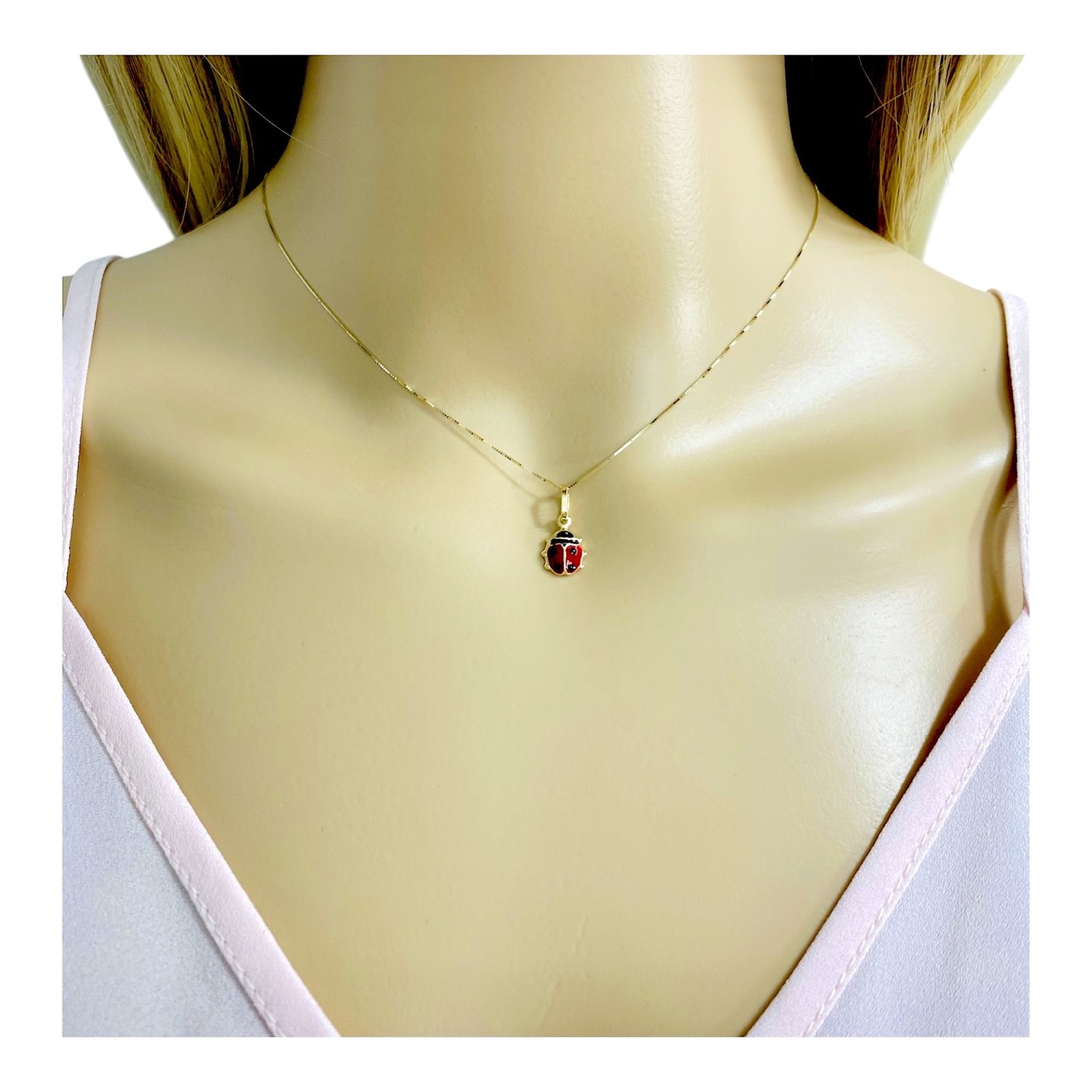14K Solid Yellow Gold Ladybug Lucky Pendant Necklace – 0.5mm Box Chain- PT505