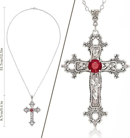 Large Gothic Cross Pendant Necklace with Red Glass Stone for Men Women