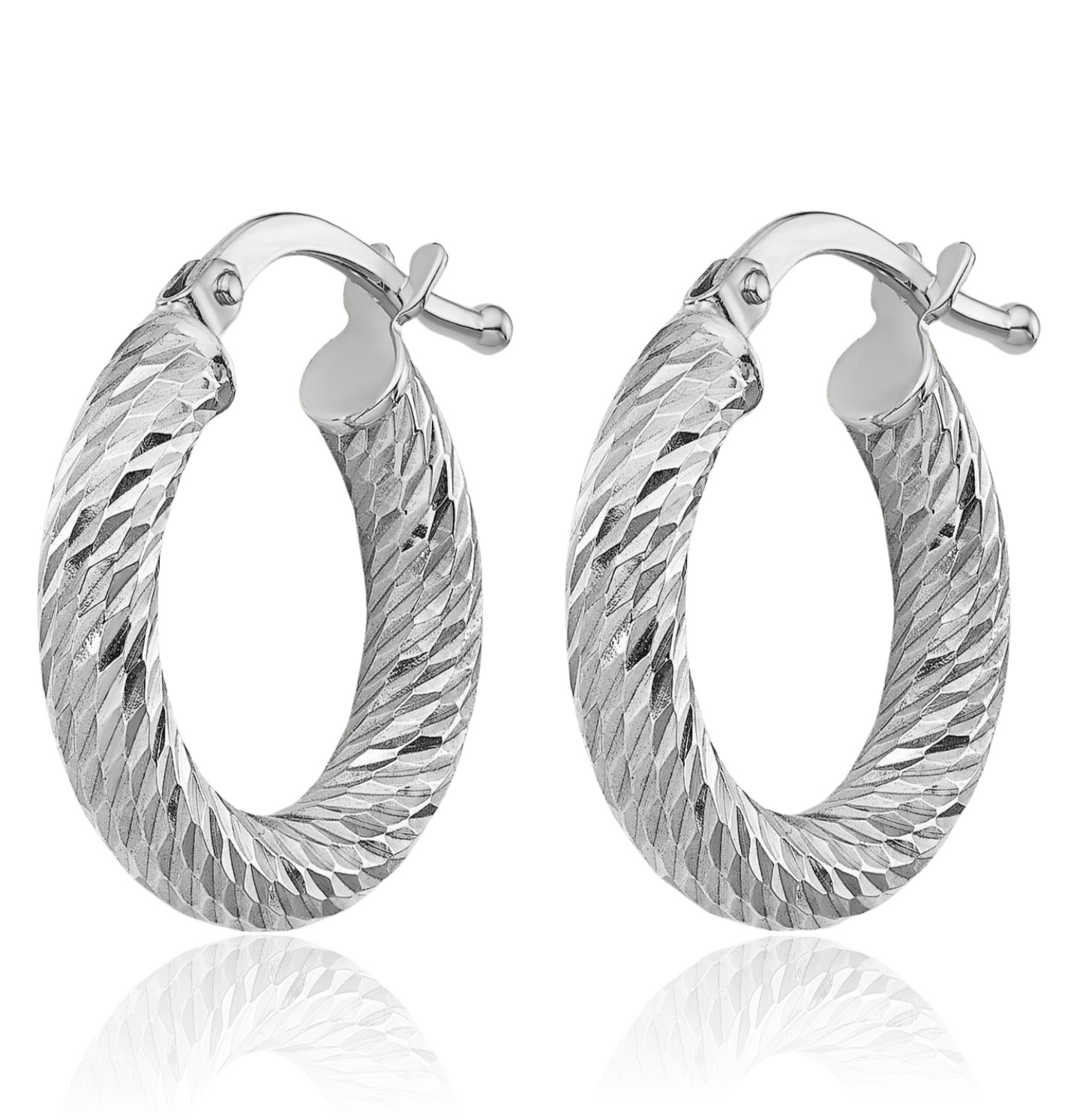 14K Solid White Gold Round Medium Hoop Earrings 17.75mm 0.7 inch Snap Back,