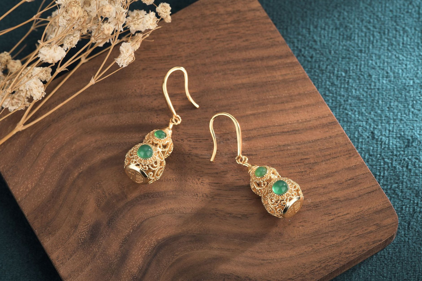 Jade Drop Dangle Earrings Hollow-carved Gourd Gemstone Ear Hook 18K Gold Plated