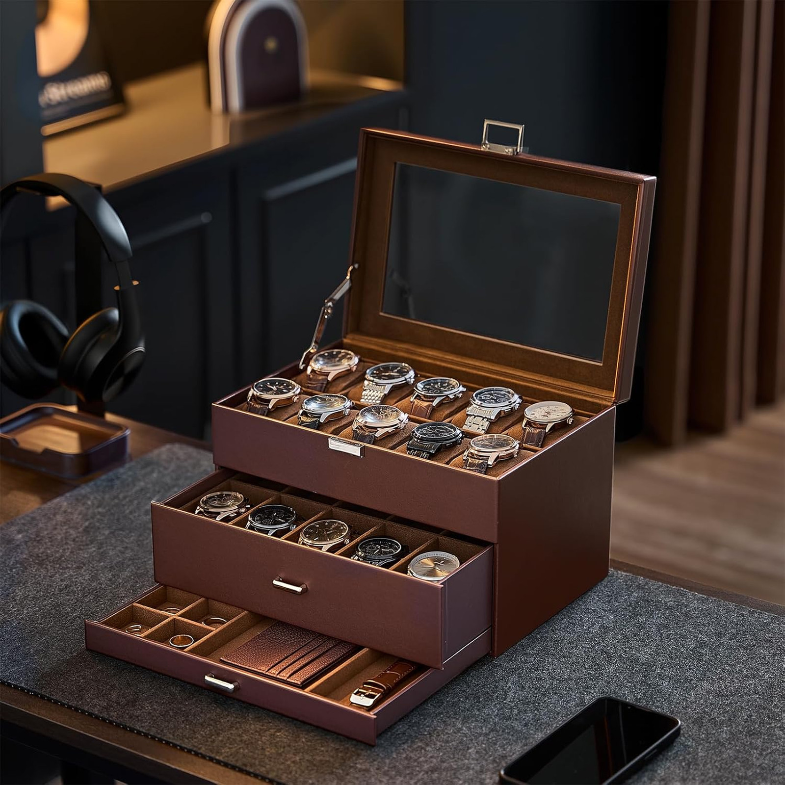 3 Layer Watch Storage Box with Glass Lid for Men 20 Slot Brown PU Velvet