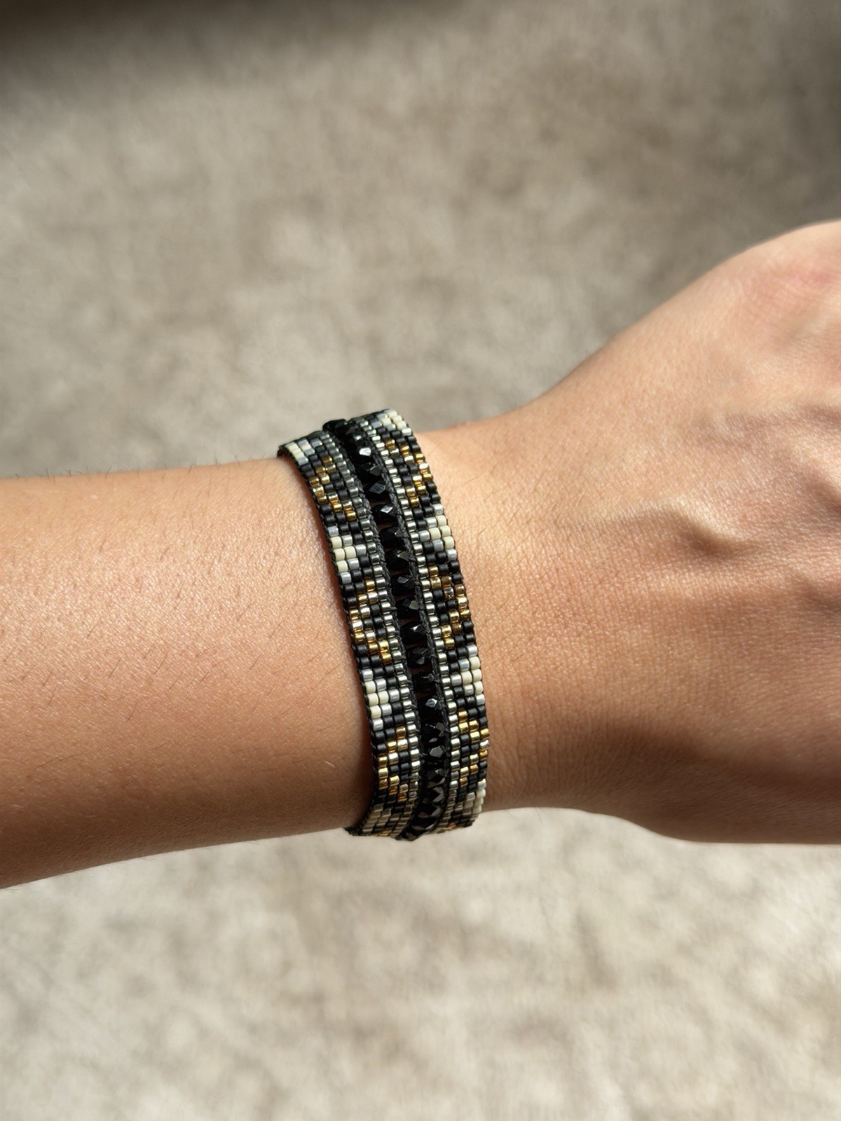Mishky Adjustable Beaded Wrap Bracelet Braided Cord Bolo Black/Gold/Silver
