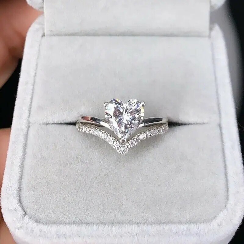Ring Heart Engagement Silver Cubic Zirconia Pink White Shaped Wedding