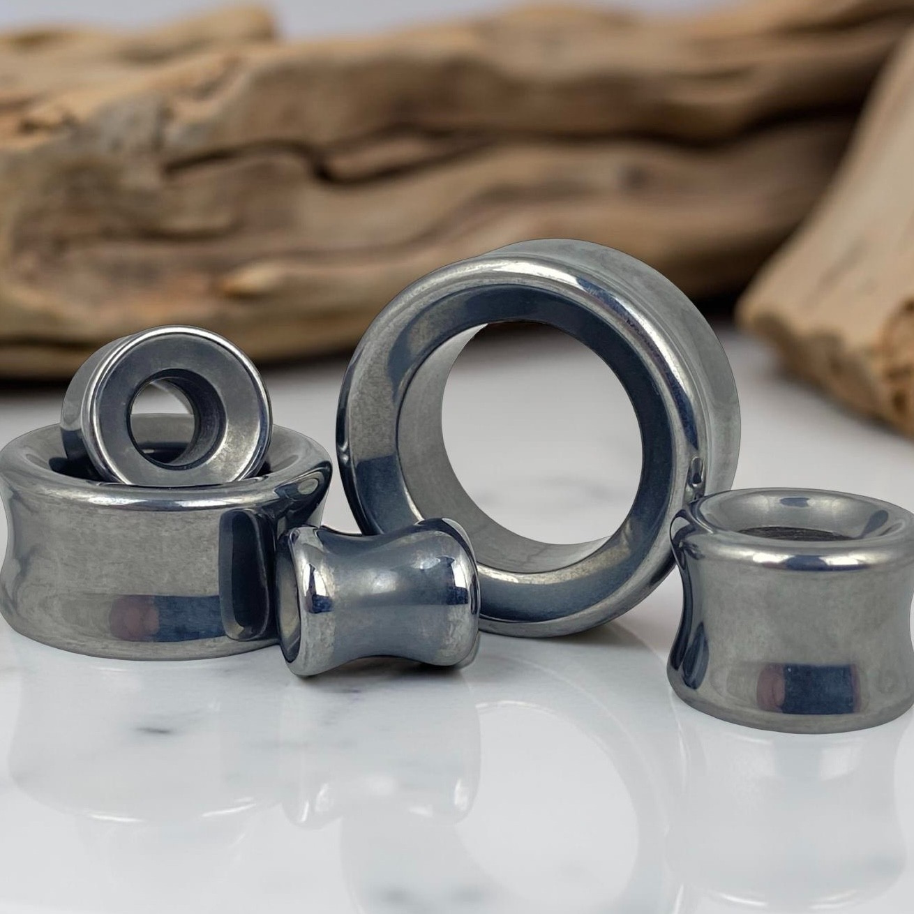 Concave Hematite Stone Double Flare Tunnels (STN-695) set ear gauges PICK SIZE