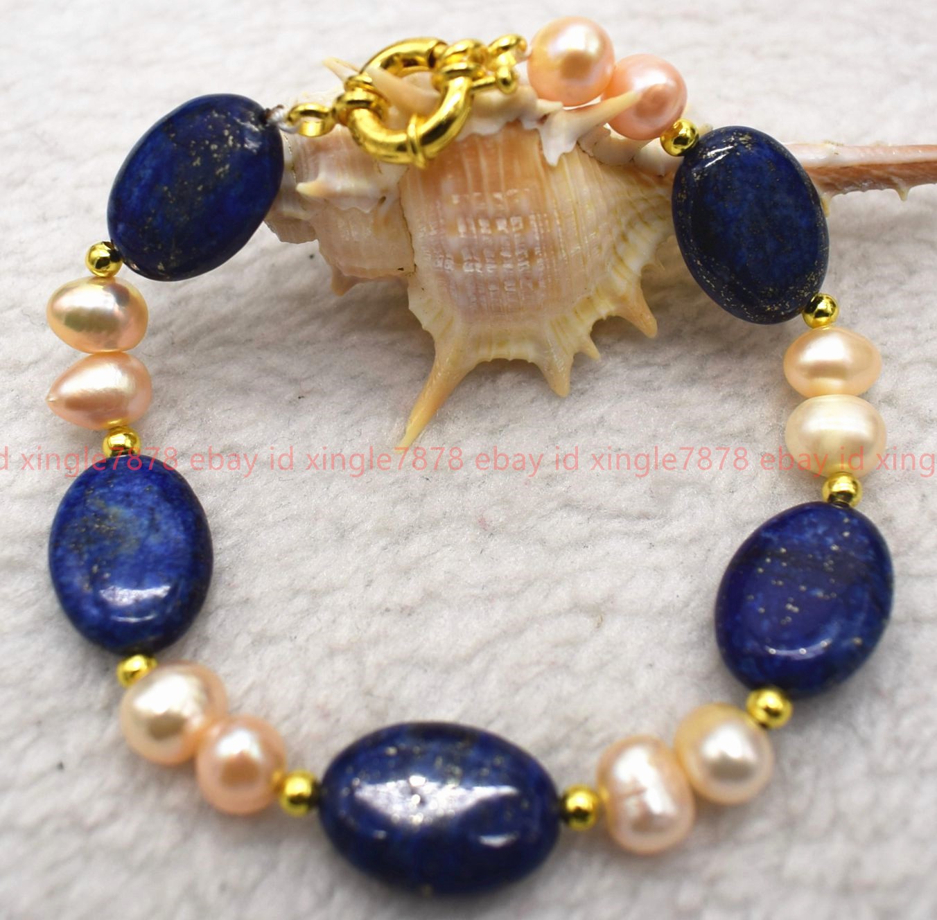 Natural 13x18mm Oval Blue Lapis Lazuli Pink Pearl Gemstone Beads Bracelet 7-9in
