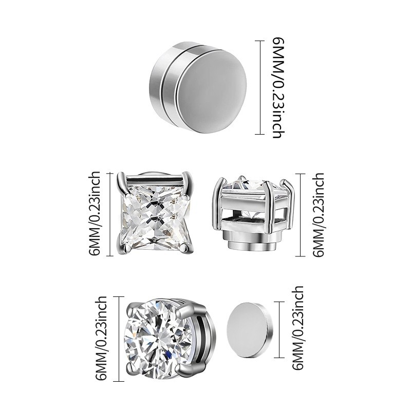 Magnetic Stud Earrings Non Piercing Clip On Stainless Steel CZ Round Square 6mm