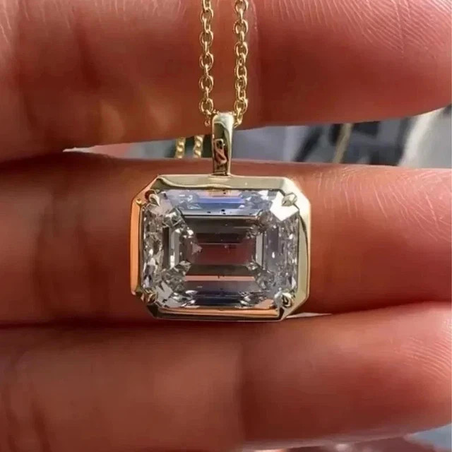 3CT Emerald Cut Moissanite Bezel Pendant Necklace 14K Yellow Gold Plated VVS1