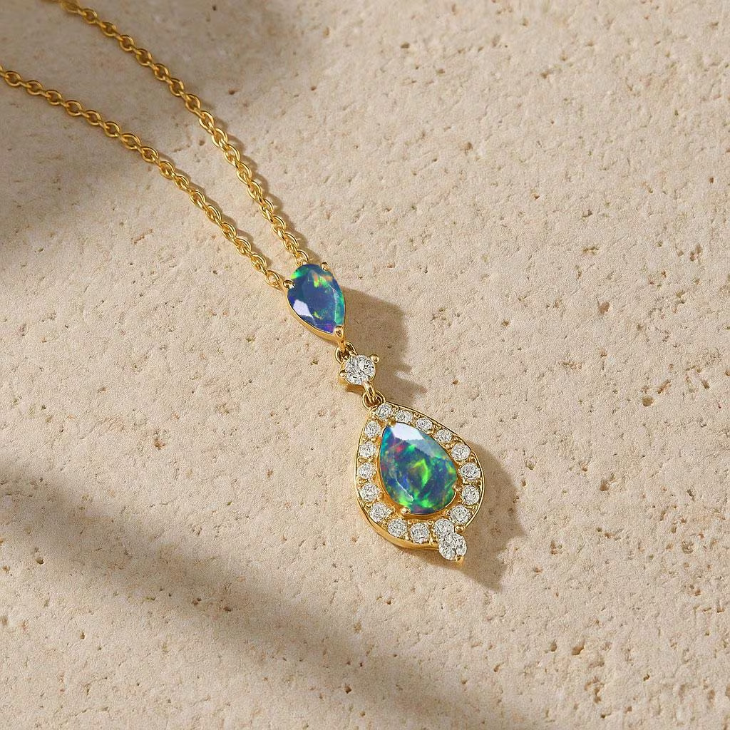 AAA Black Opal Gemstone Long Charm Pendant, Genuine Opal Chain Pendant Necklace