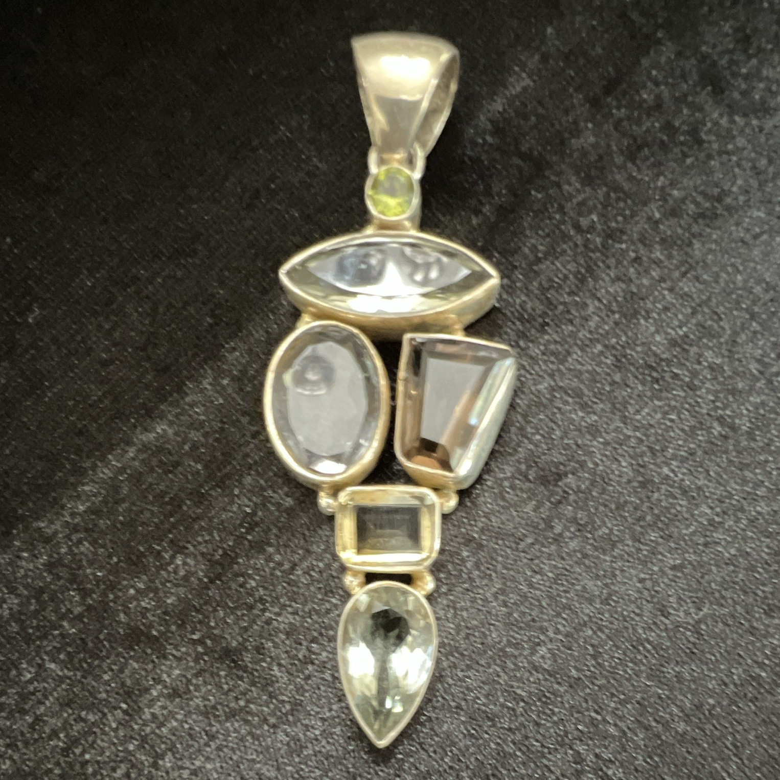 Silver Tone Multi-Stone Bezel Set Asymmetrical Charm Pendant, 5 Mixed Shapes
