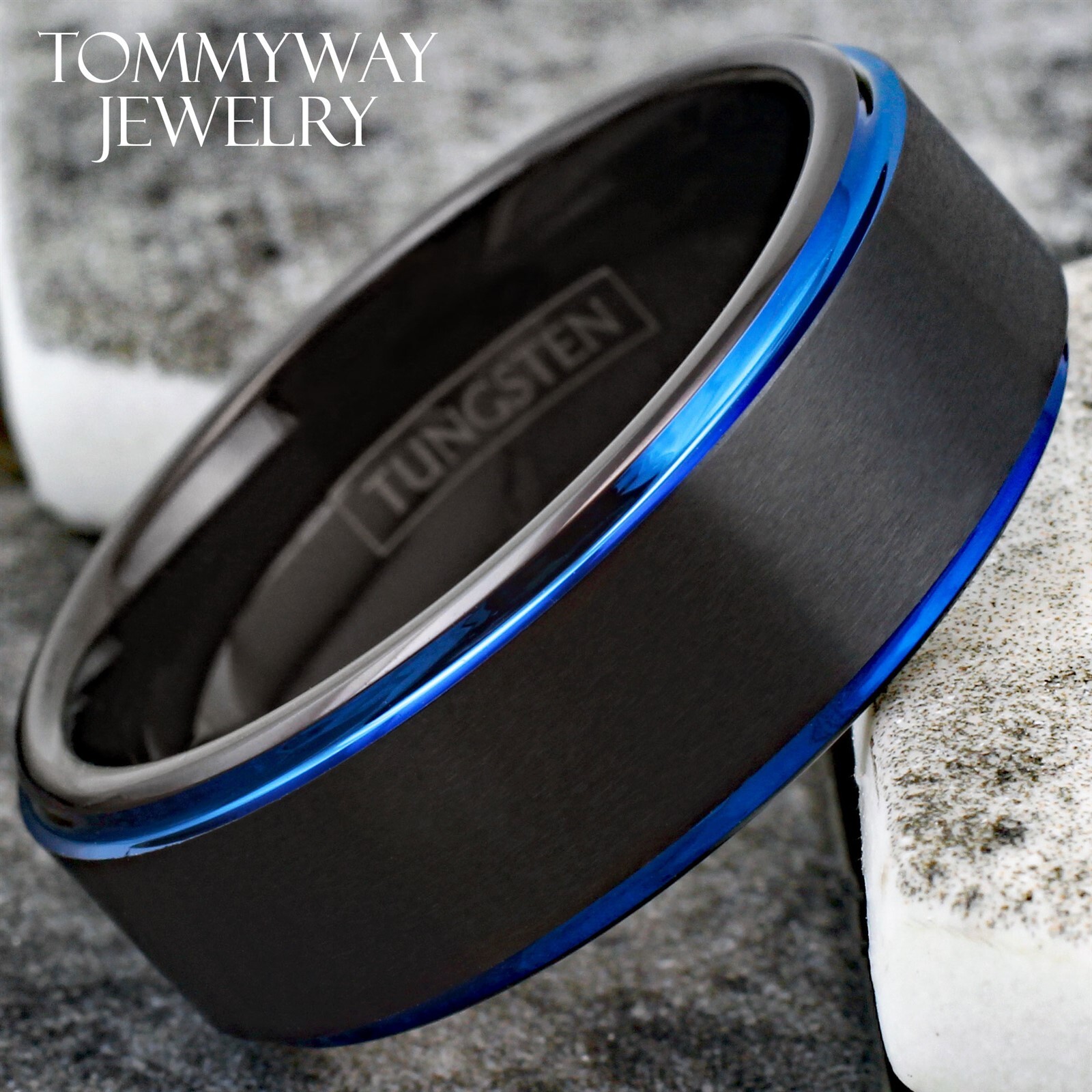 6/8mm Tungsten Carbide Men’s Ring Black & Blue Brushed Wedding Band Jewelry