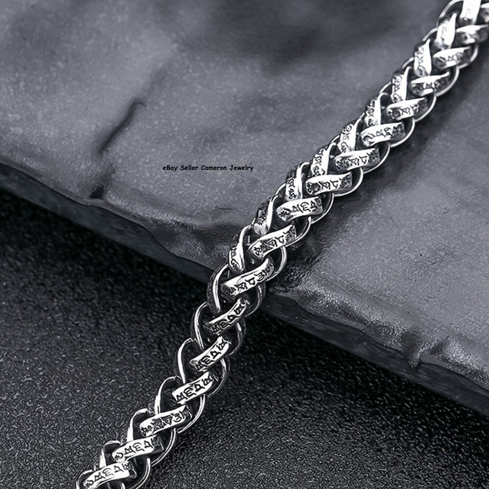 Pure S925 Sterling Silver Chain 7mm Six Words Wheat Link Bracelet 7.1-7.9inch