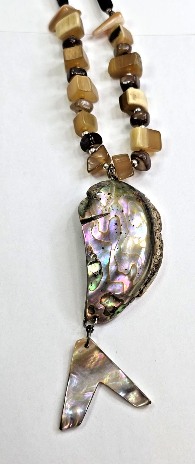 Handcrafted Beaded Necklace w/ Abalone Shell Freeform Pendant, Lobster Clasp