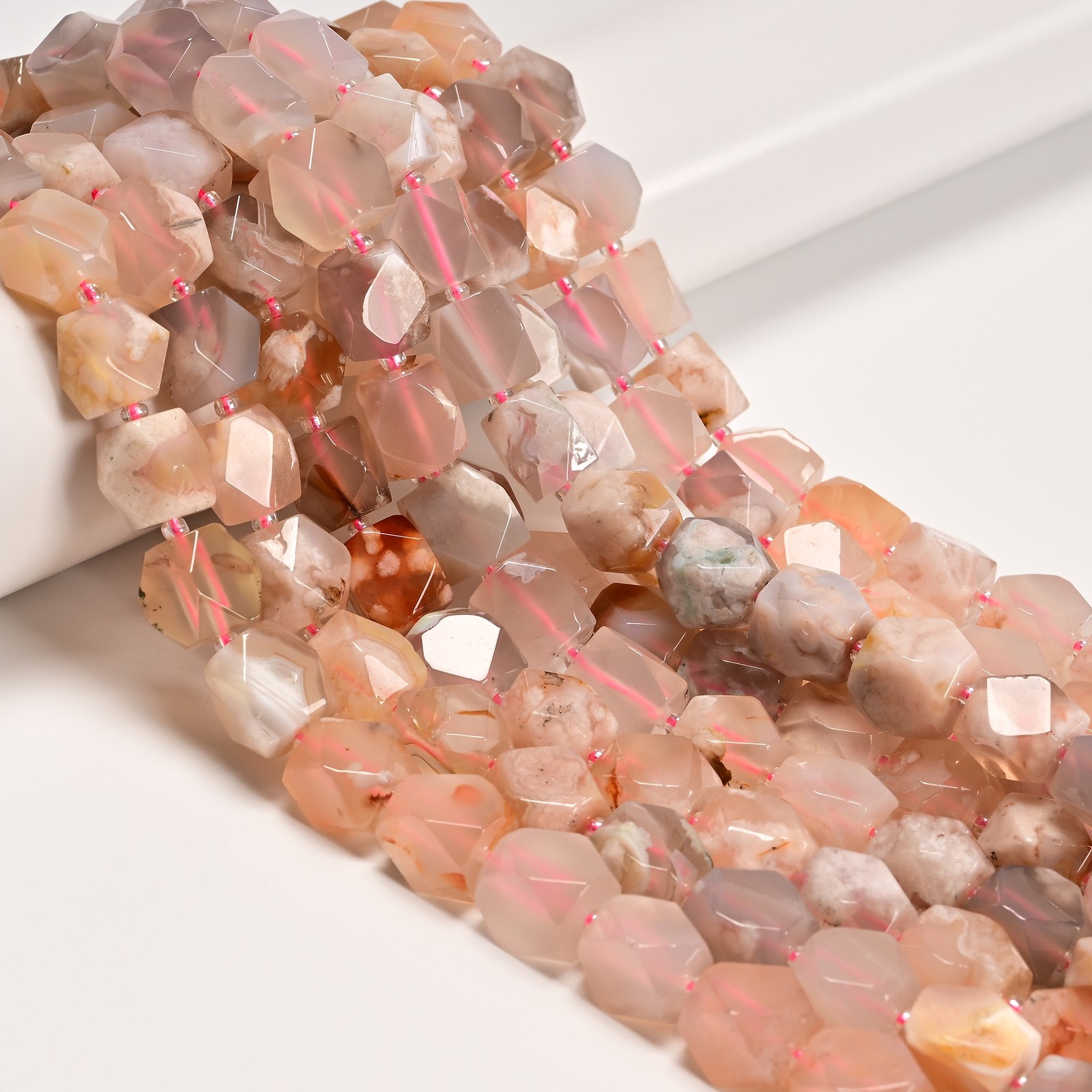 Cherry Flower Sakura Agate Faceted Nugget Chunk Beads Size 10x12mm 15.5” Strand