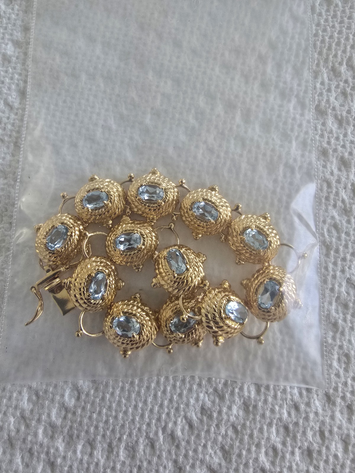 Gold Tone Link Bracelet Oval Blue Topaz Stones