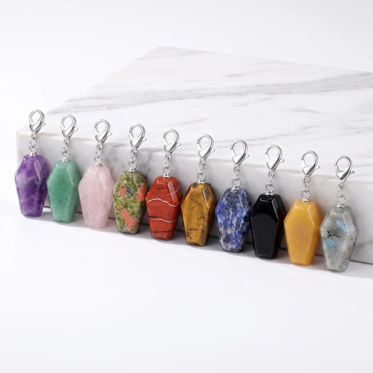 6PCS Gothic Stone Coffin Charms Tag with Lobster Clasp Design for Jewelry Decor