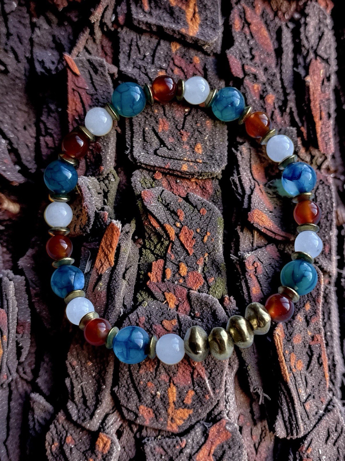 Independence Day Patriotic Stretch Gemstone Bracelet, With Solid Brass Nuggets