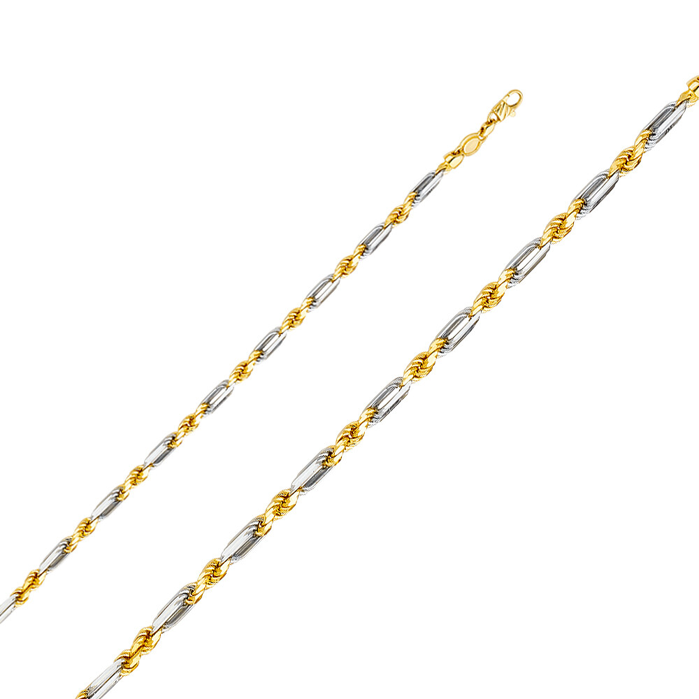 14K Two Tone Solid Gold 4mm Figarope Chain Necklace with Lobster Clasp
